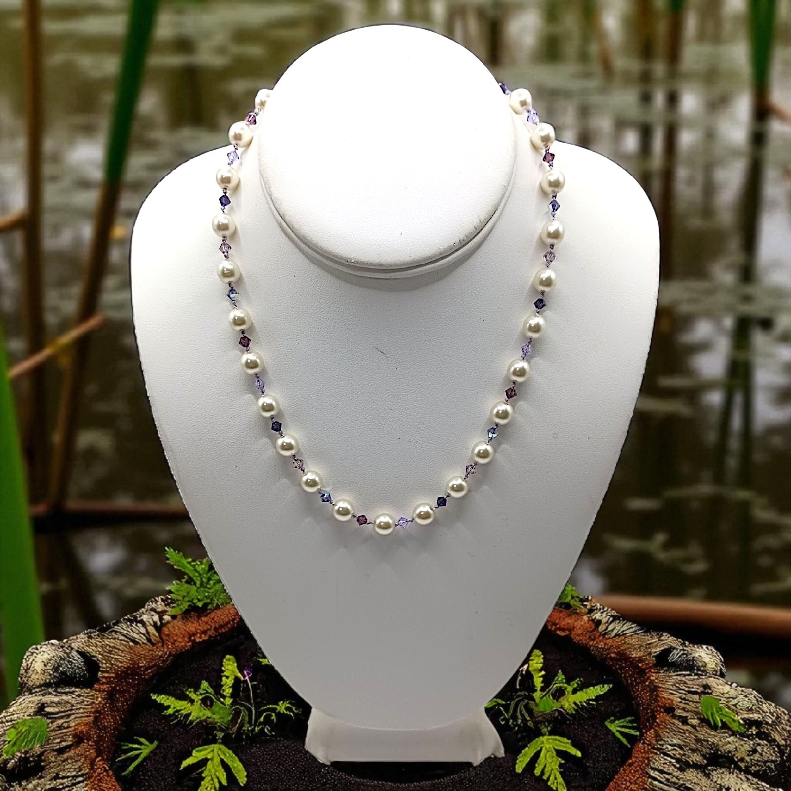 Vintage Purple Crystal Faux Pearl Necklace Beaded Hand Knotted Sterling Silver
