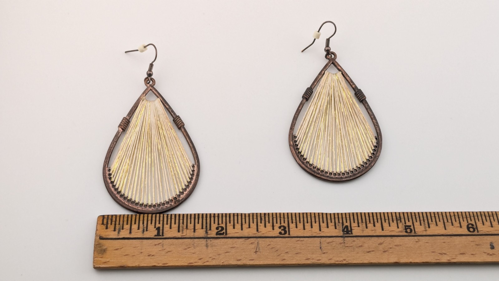 Vintage Copper Teardrop Earrings Large Gold Glistening String Peruvian