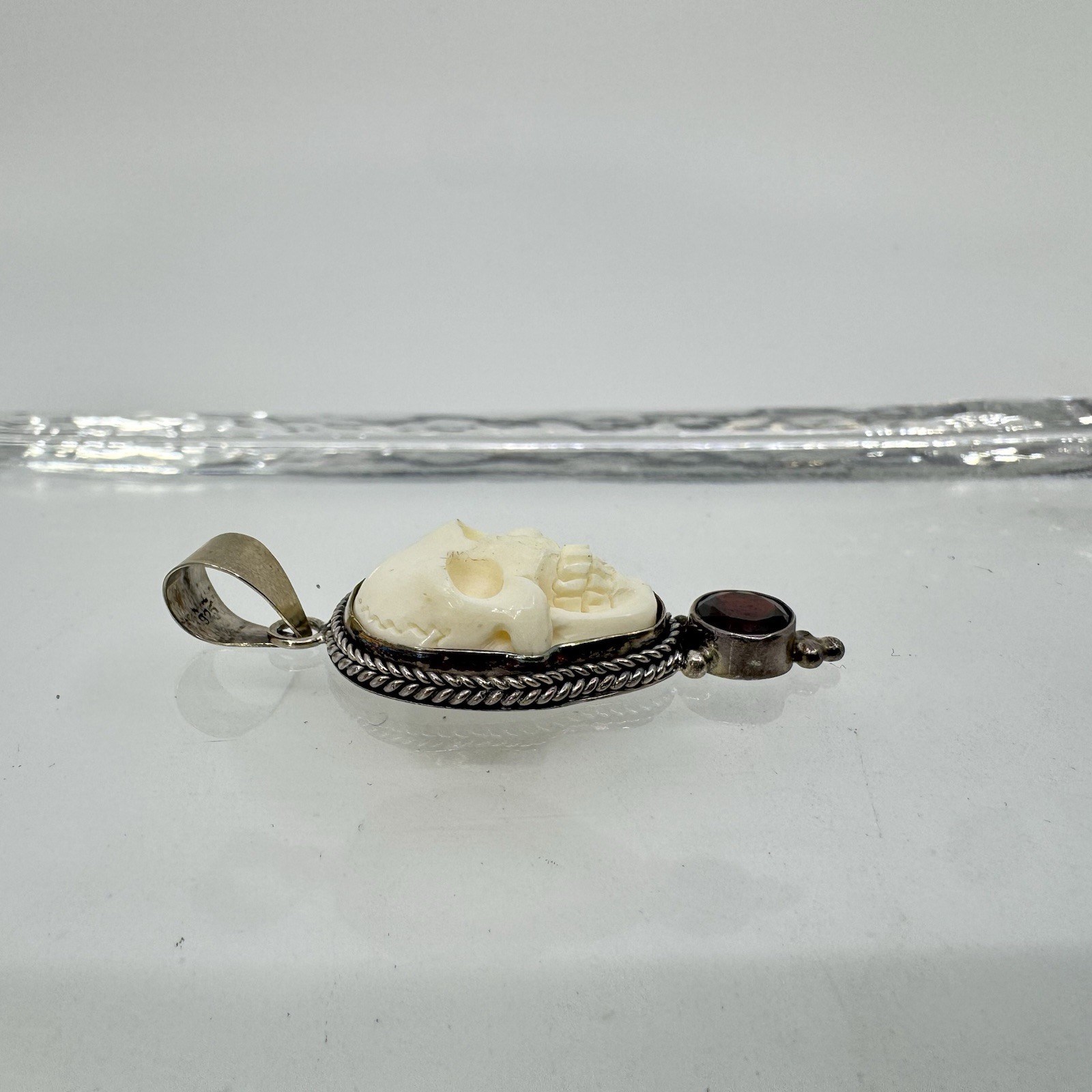 Sterling Silver Skull Carved Bovine None W/ Garnet Pendant 1.75”