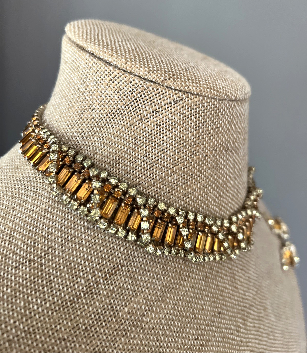 VTG. KRAMER N.Y. PARURE TOPAZ & CLEAR RHINESTONE NECKLACE BRACELET EARRING SET