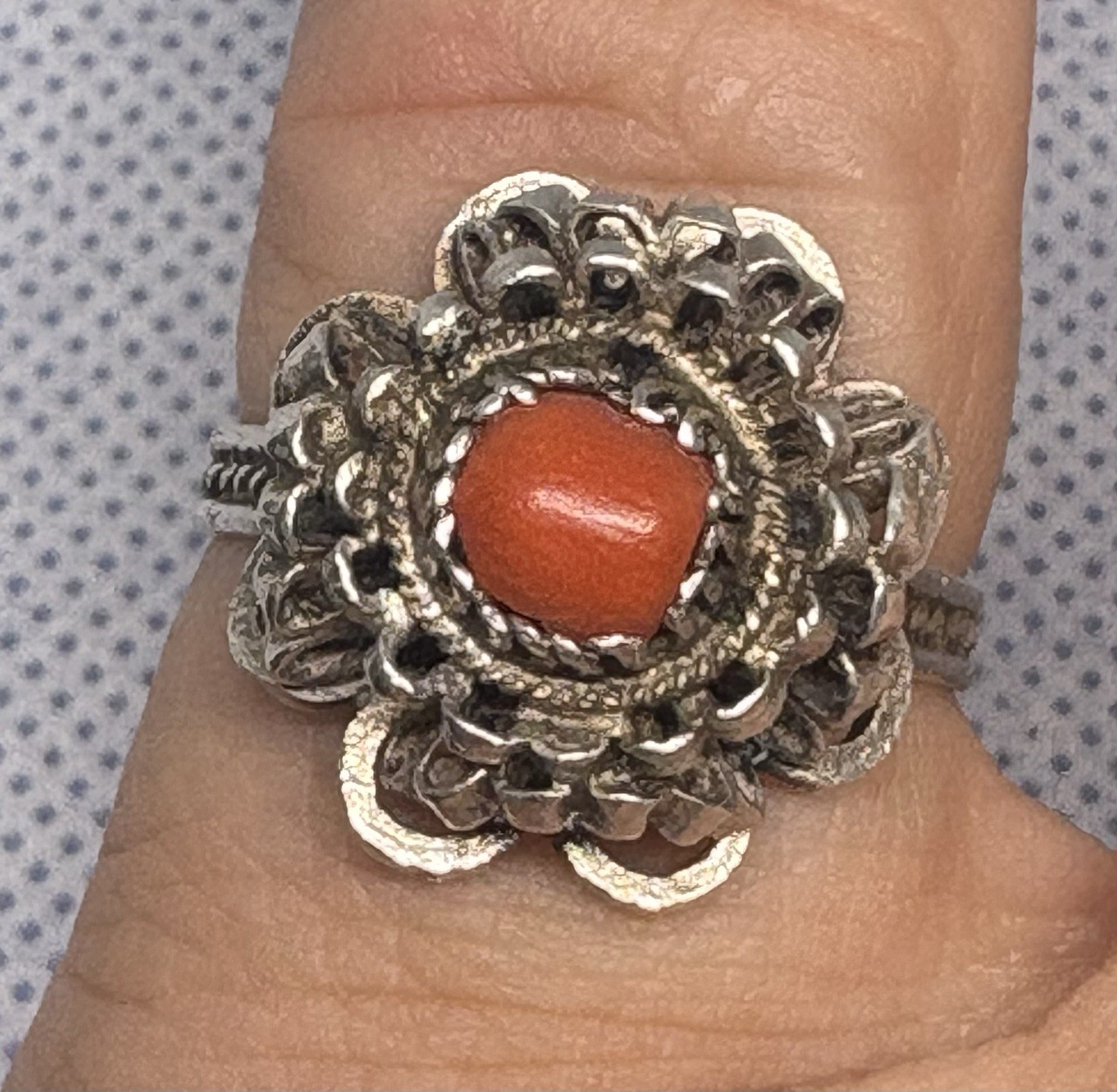 (19) ANTIQUE Historic 1870-1890s Red Coral 800 or 835 Silver size 7.5 Ring (925)