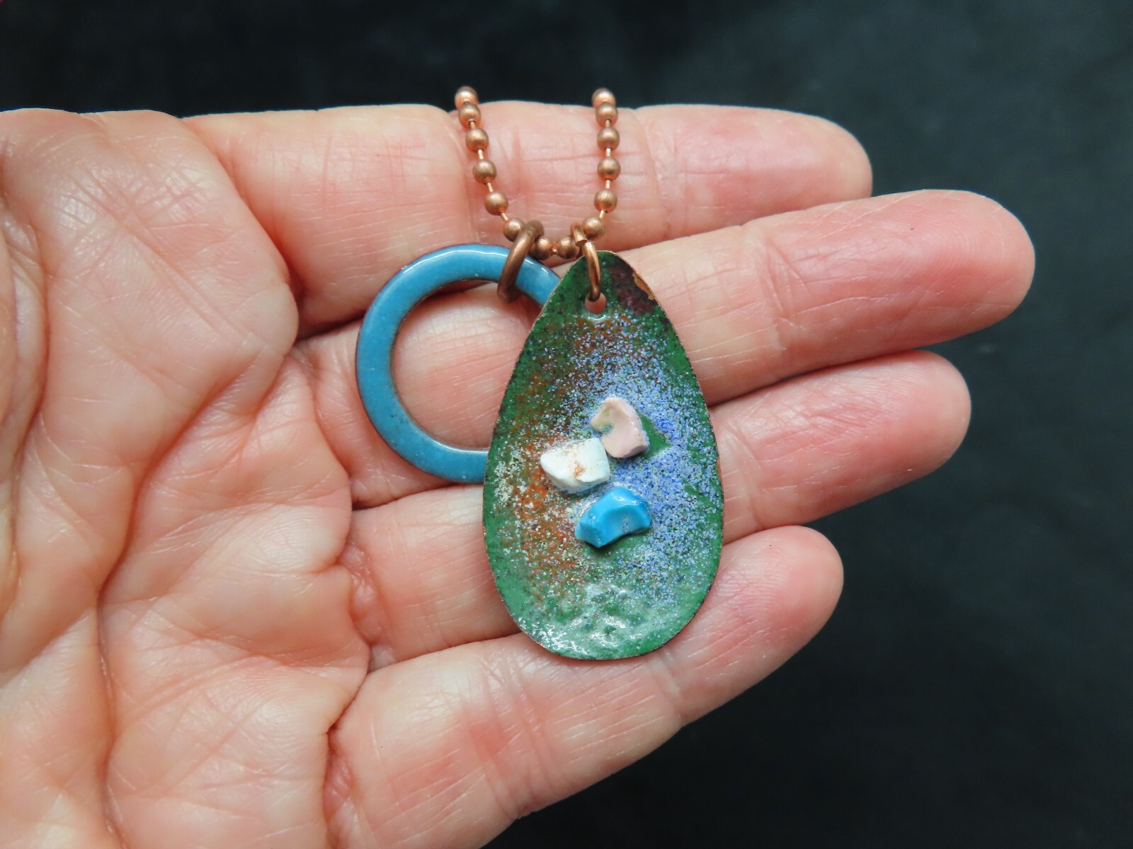 Vintage 1950’s Copper Ball Bead Chain w/TWO Gorgeous Enamel Slides