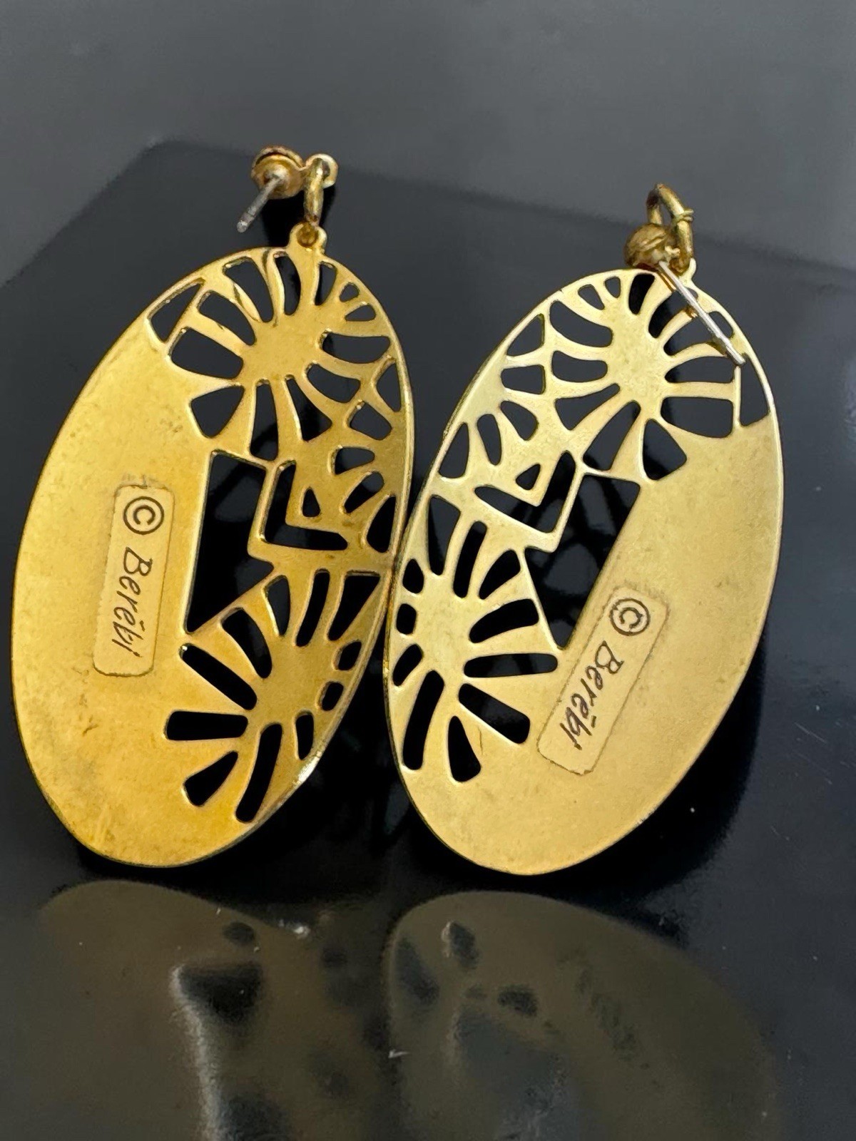 Vintage Signed Edgar Berebi Red Enamel Over Gold Tone Cut Out Dangle Earrings