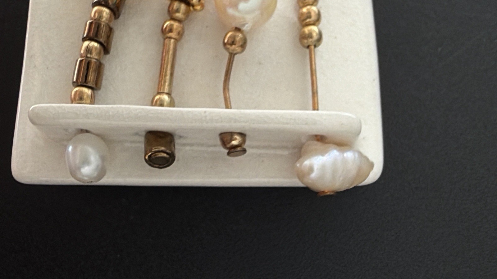 Artisan Ceramic Brooch with Dangling Freshwater Baroque Pearls Gold Beads Vtg