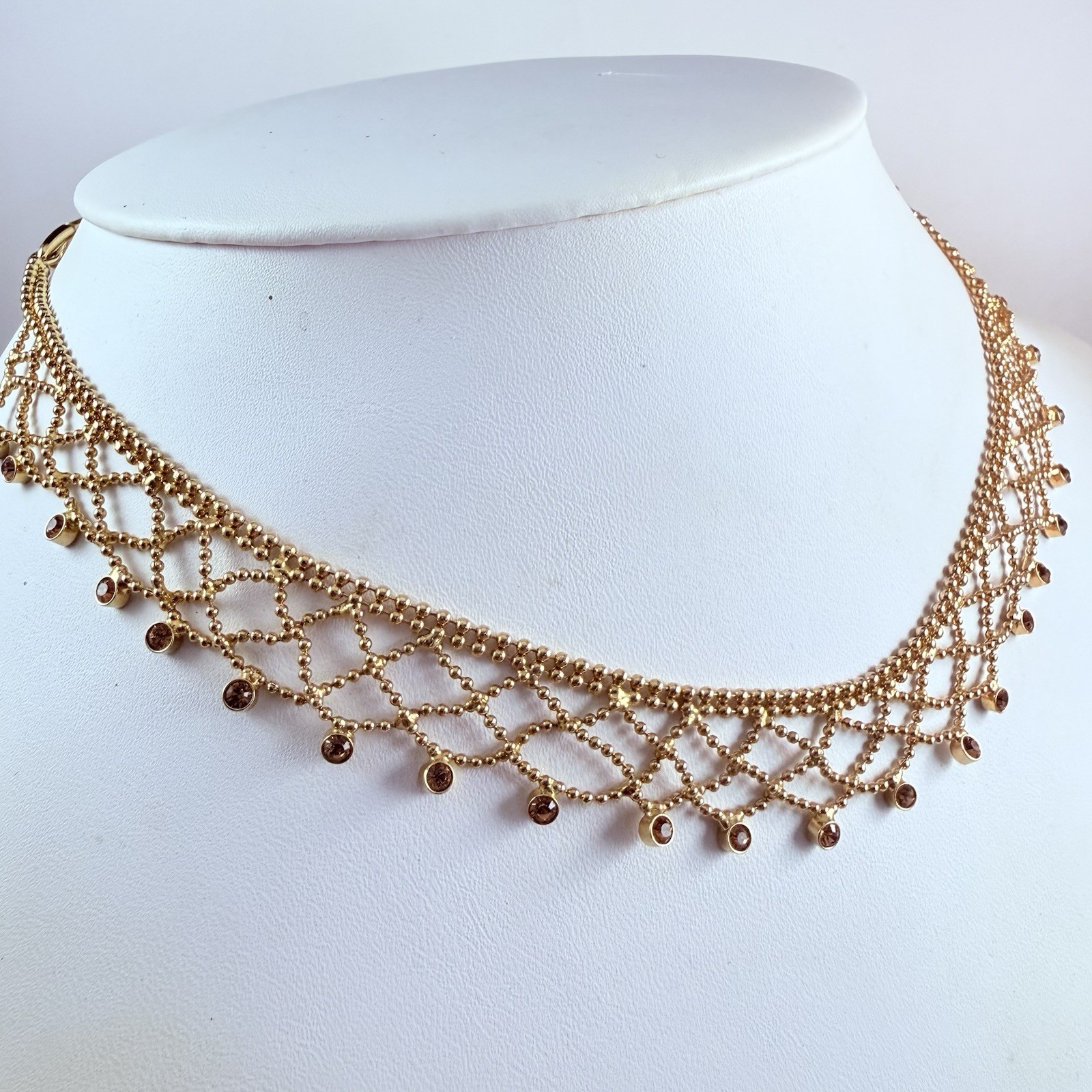 GIVENCHY Signed Gold Tone Lace Crystal Necklace Logo Clasp 16.5″