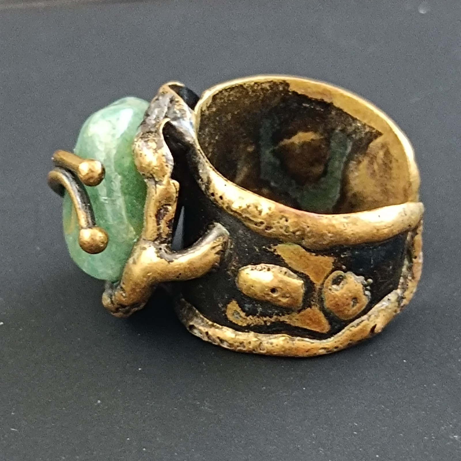 Brutalist Boho Ring Green Stone Organic Art Nouveau Revival Adjustable Statement