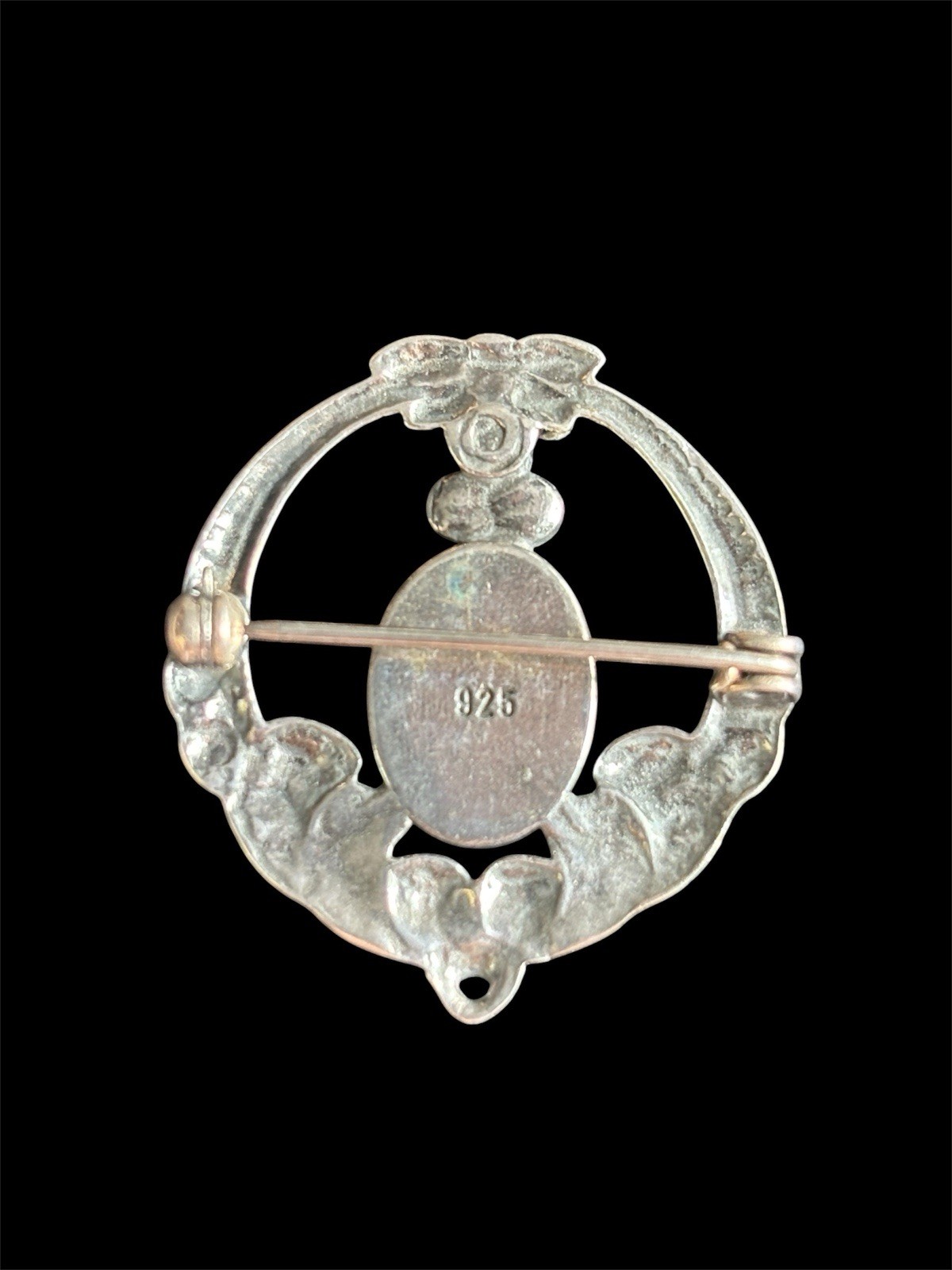 Vtg Reproduction Victorian Mourning Brooch Sterling Silver Black Onyx Rhinestone