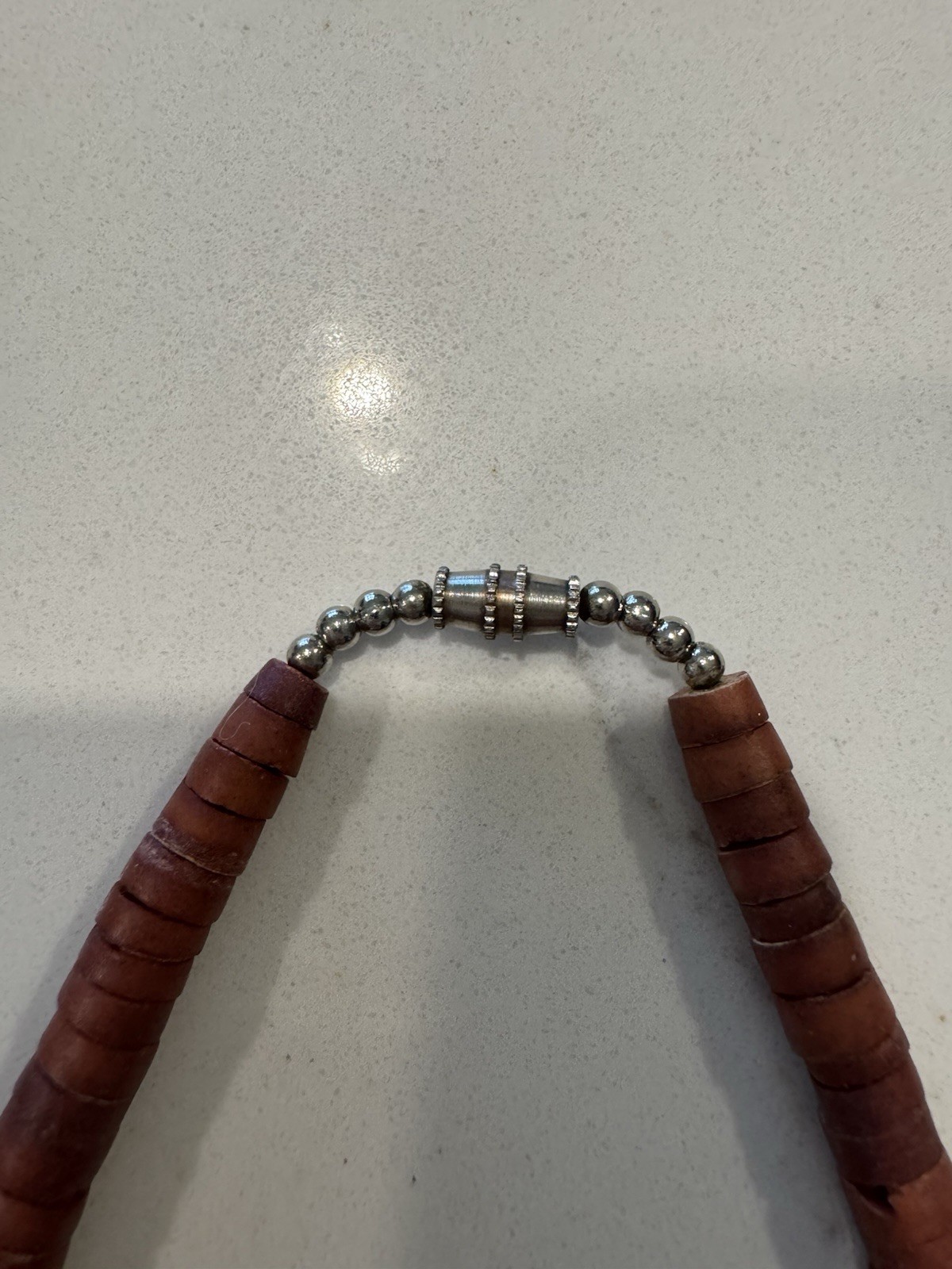 Vintage Wood Coin Necklace 18” Brown Graduated Wooden Beads Barrel Clasp EH