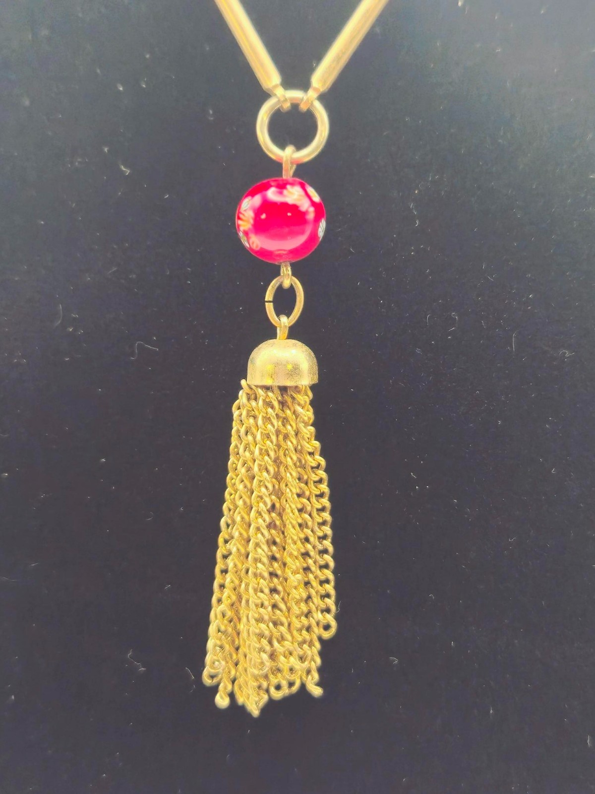 VINTAGE Sarah Coventry Red Murano Glass Beaded Goldtone Necklace Tassel Pendant