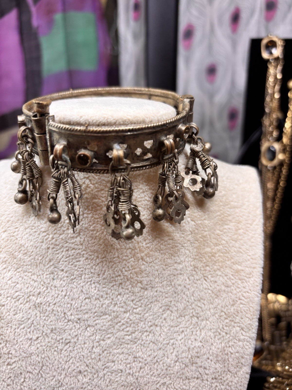Vintage Metal Bangle Bracelet Belly Dancing Jewelry Cutouts Jingle Hinged 7.5”