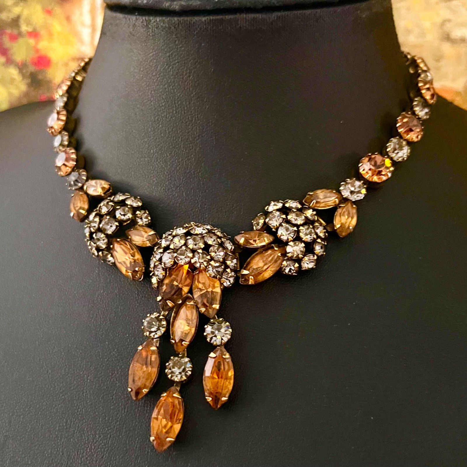 Vintage Kramer Tiered Topaz Honey Amber Rhinestone Necklace & Earrings Demi Set