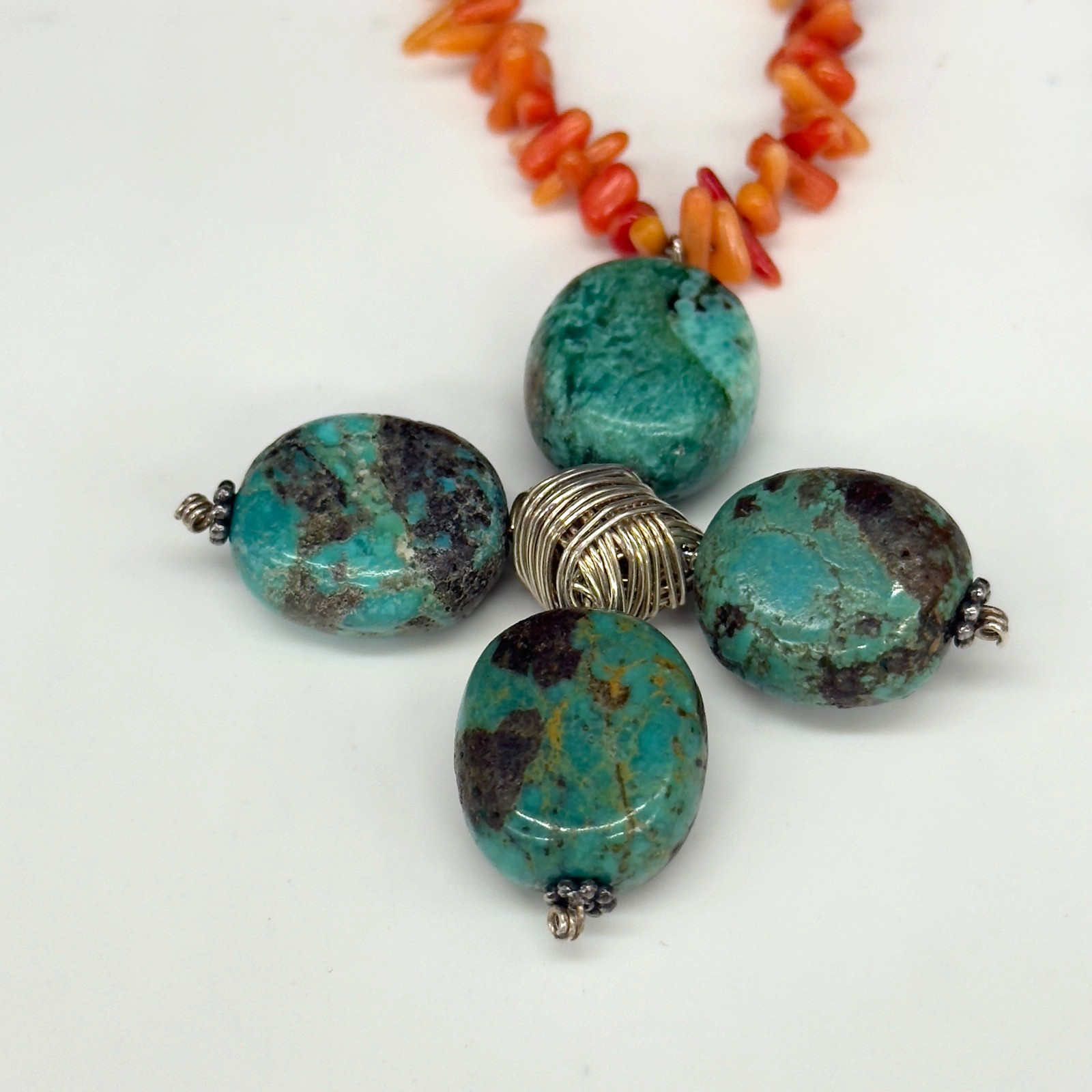 Vintage African Turquoise Necklace Flower and Coral Beaded Chain 16 Inches