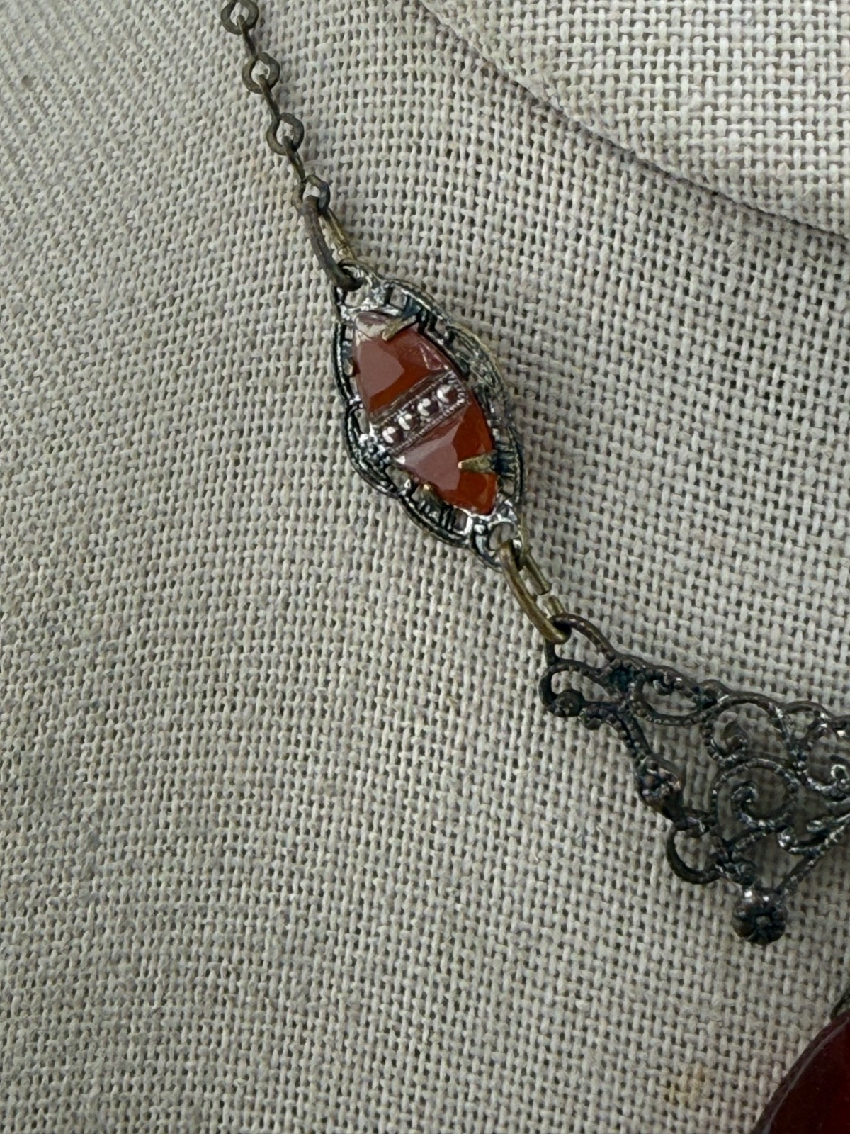 Vintage Art Deco Necklace Lavalier Red Glass Rhinestone 12” SHORT