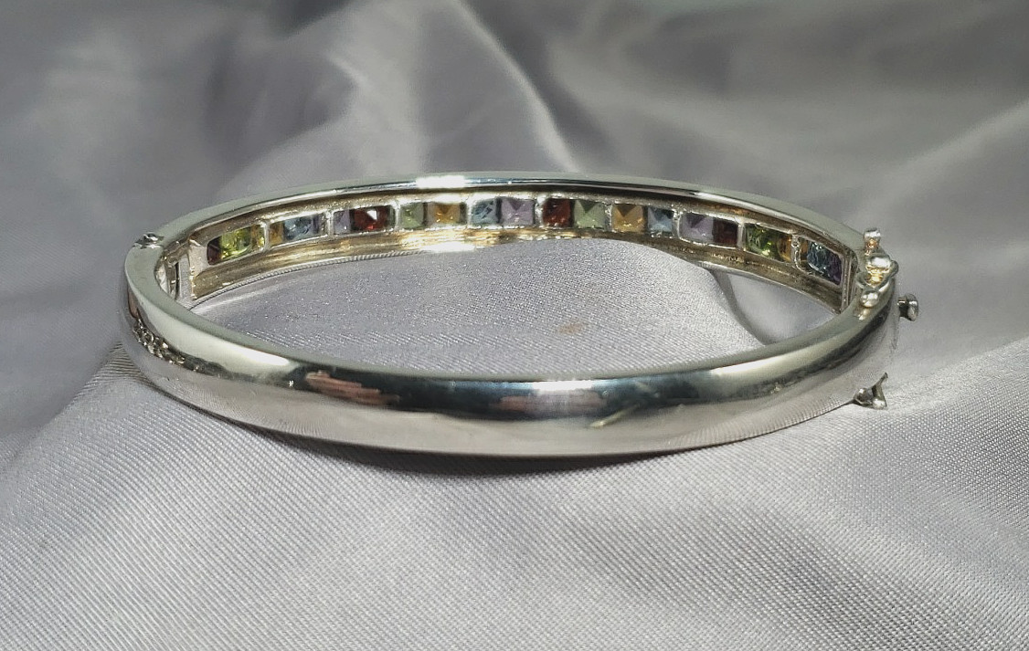 STERLING SILVER HINGED Bangle BRACELET MULTI-COLOR GEMSTONES Size 7″