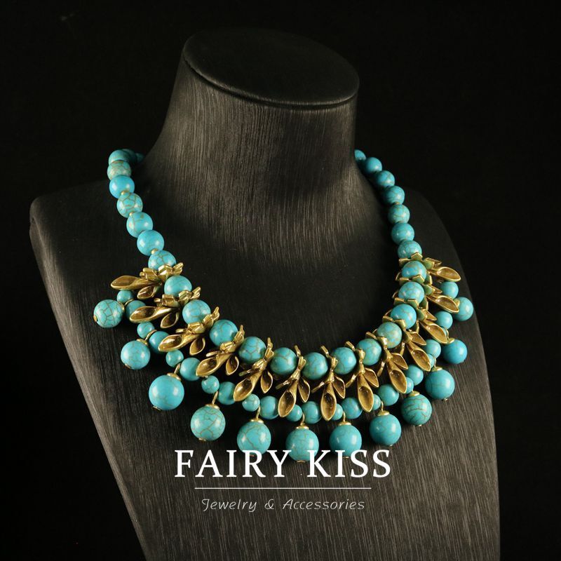 Electroplated antique gold and turquoise handmade bead necklace vintage jewelry