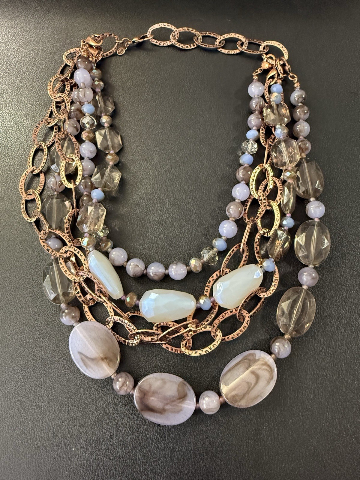 Vintage Premier Designs Marbled Beaded Multi Strand Necklace Copper Tone H8