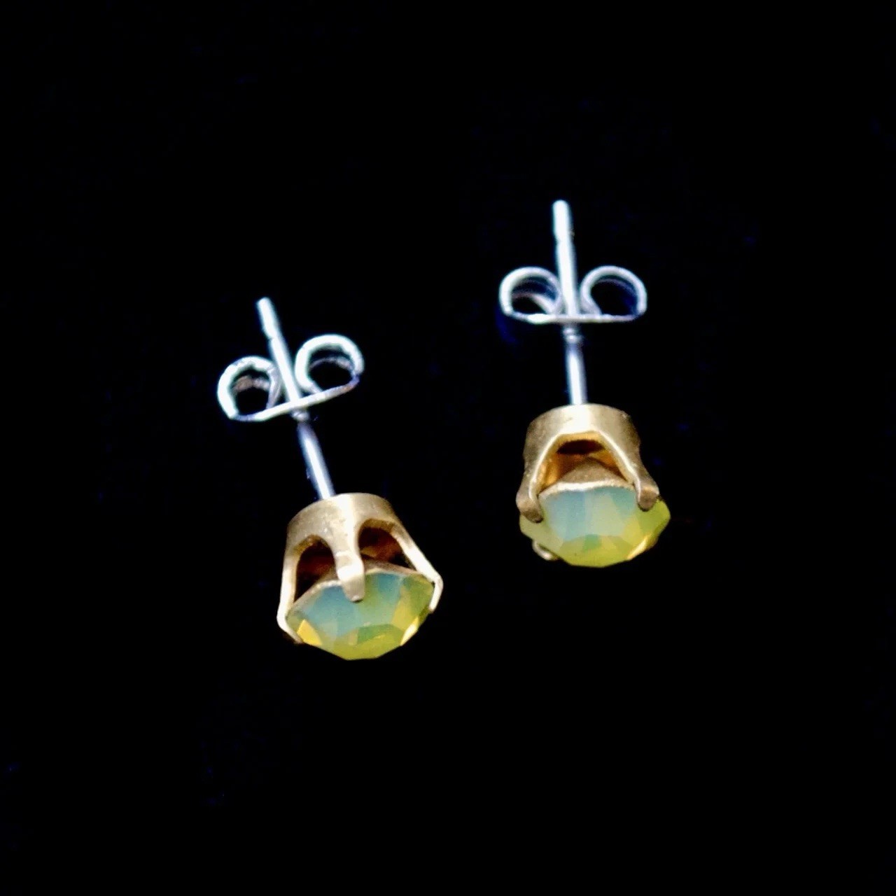 UV Reactive Uranium Glass Yellow Opaline Rhinestone Vintage Brass Stud Earrings