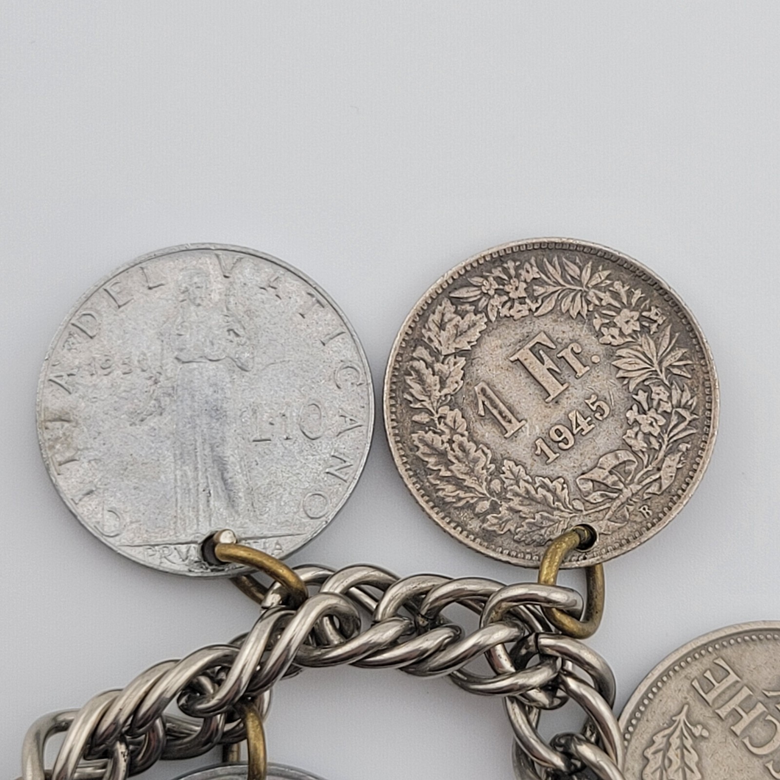 Vintage Coins From Around the World Charm Bracelet Souvenir 1924 to 1956 7.5″