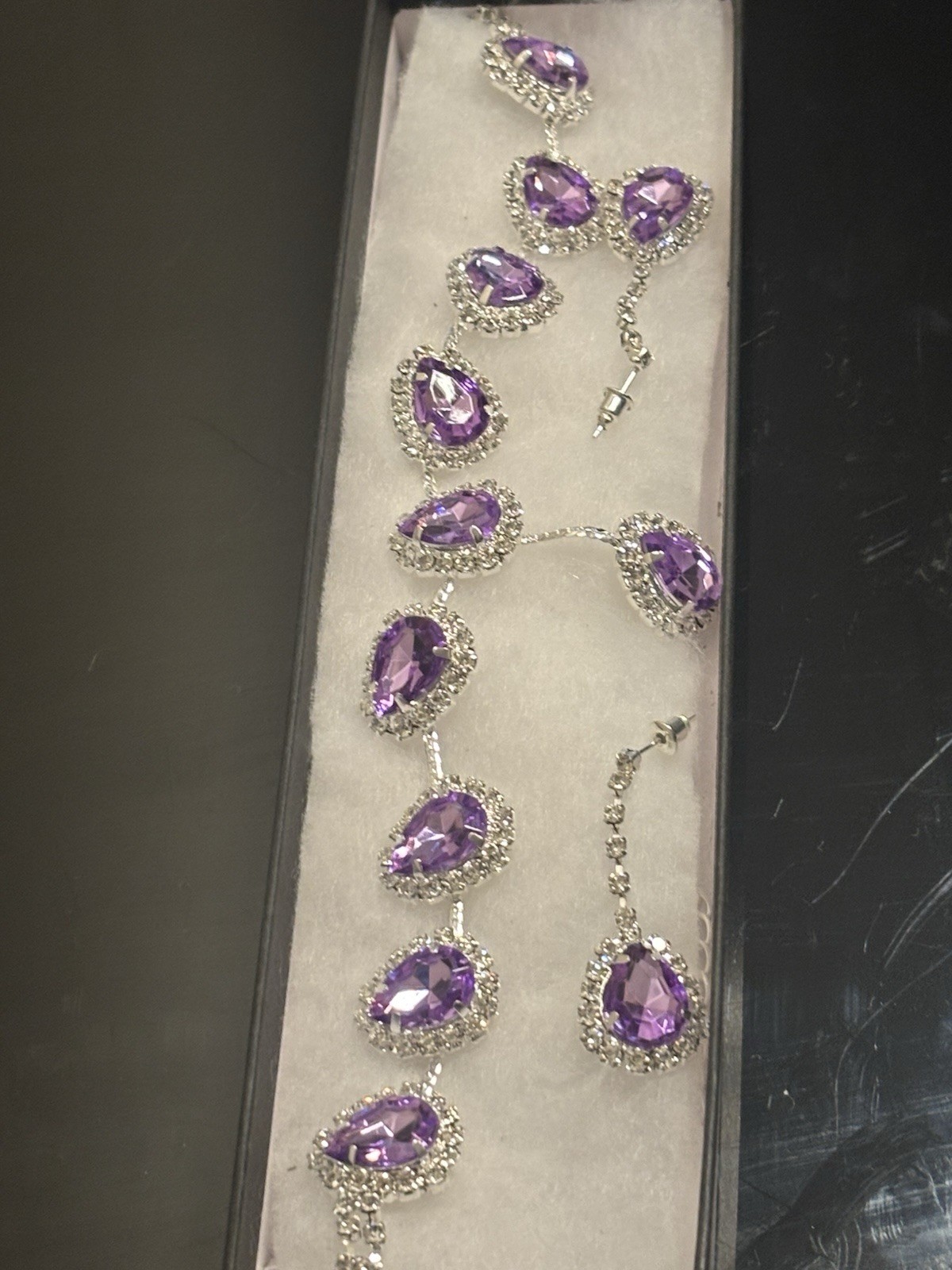 Vintage Purple Rhinestone Silver Tone Necklace, with earrings- breathtaking