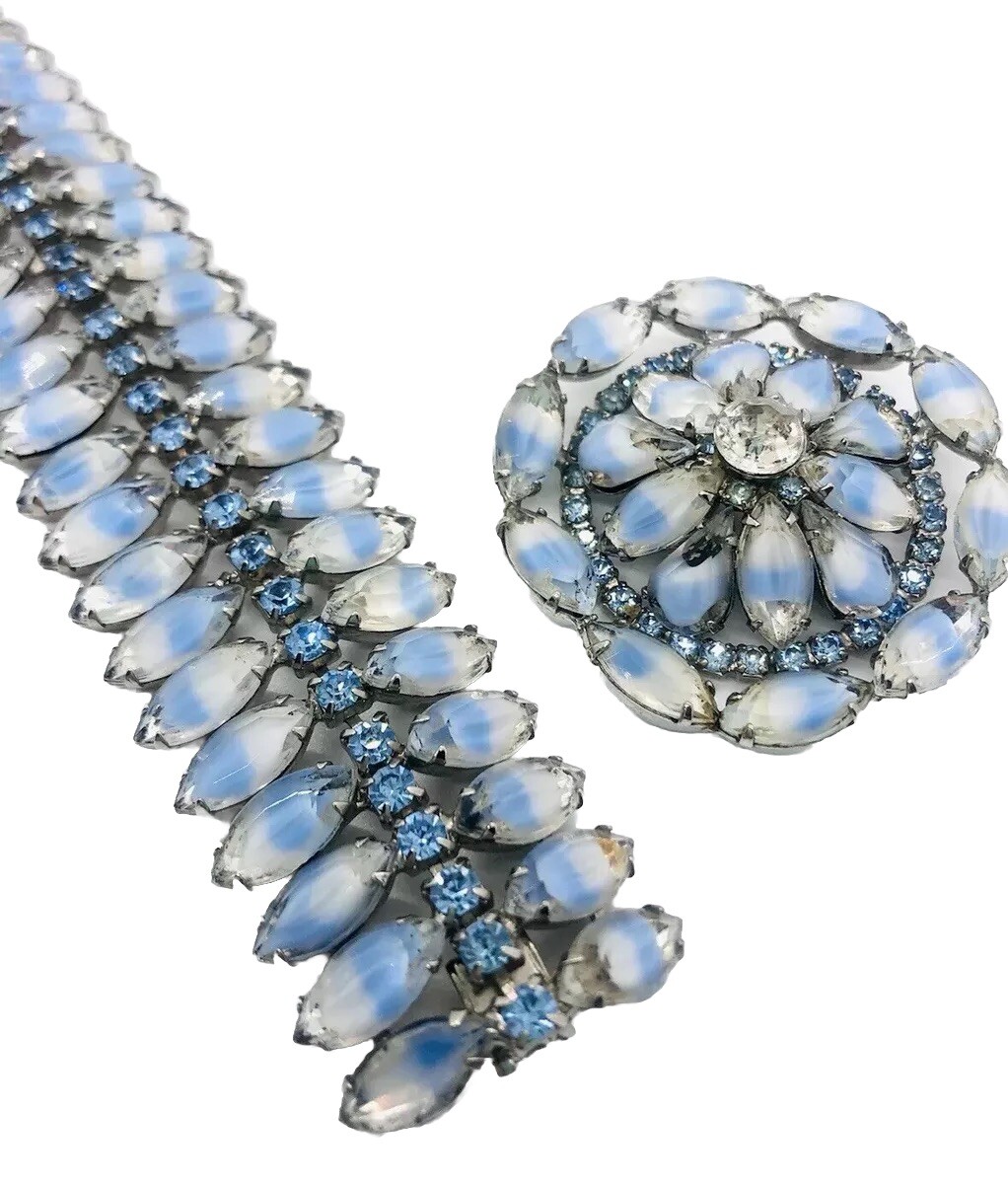 KRAMER NY Wide Givre Rhinestone Bracelet & Brooch Demi Signed Vintage Jewelry