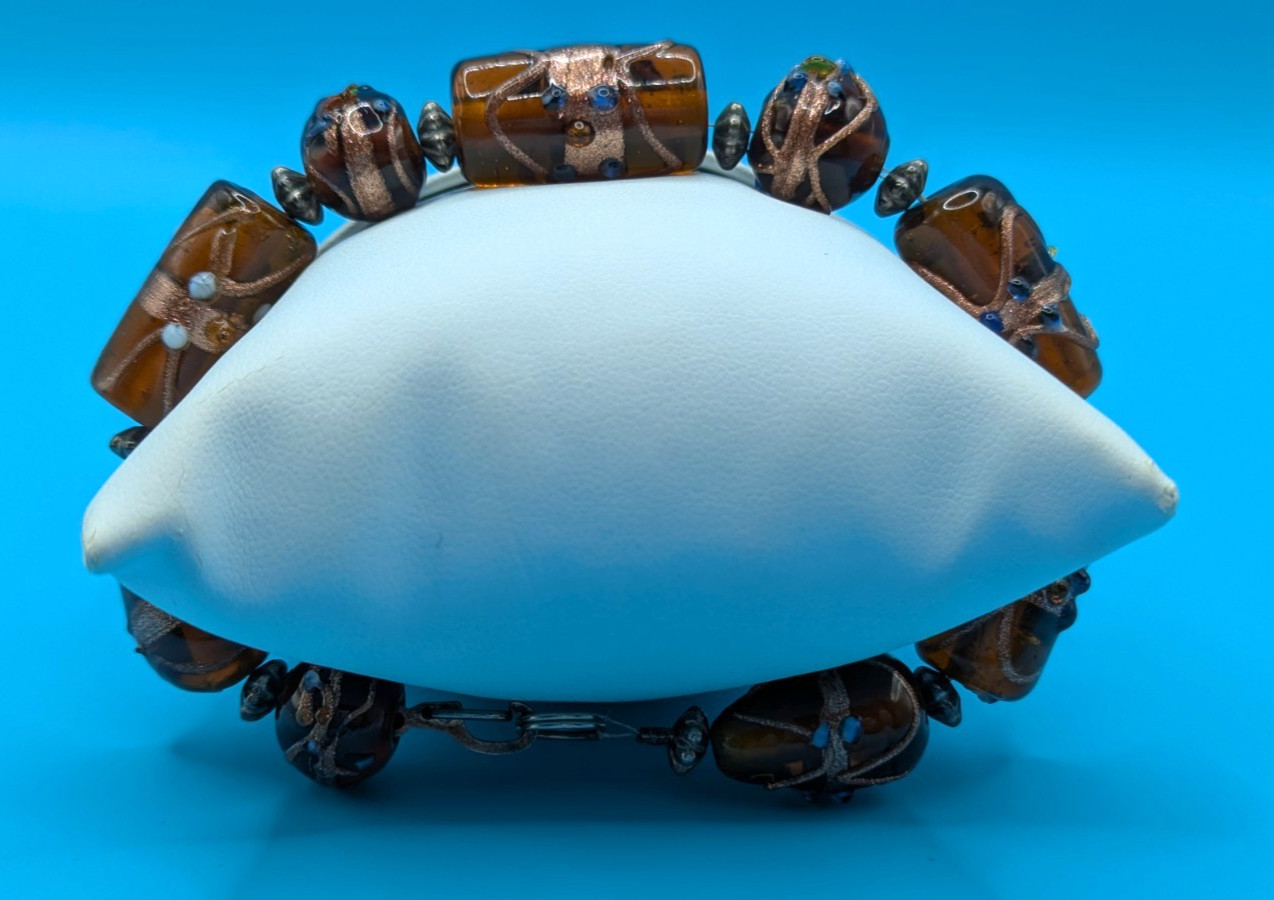 Vintage Murano Lamp Work Glass Beads Amber Brown Bracelet