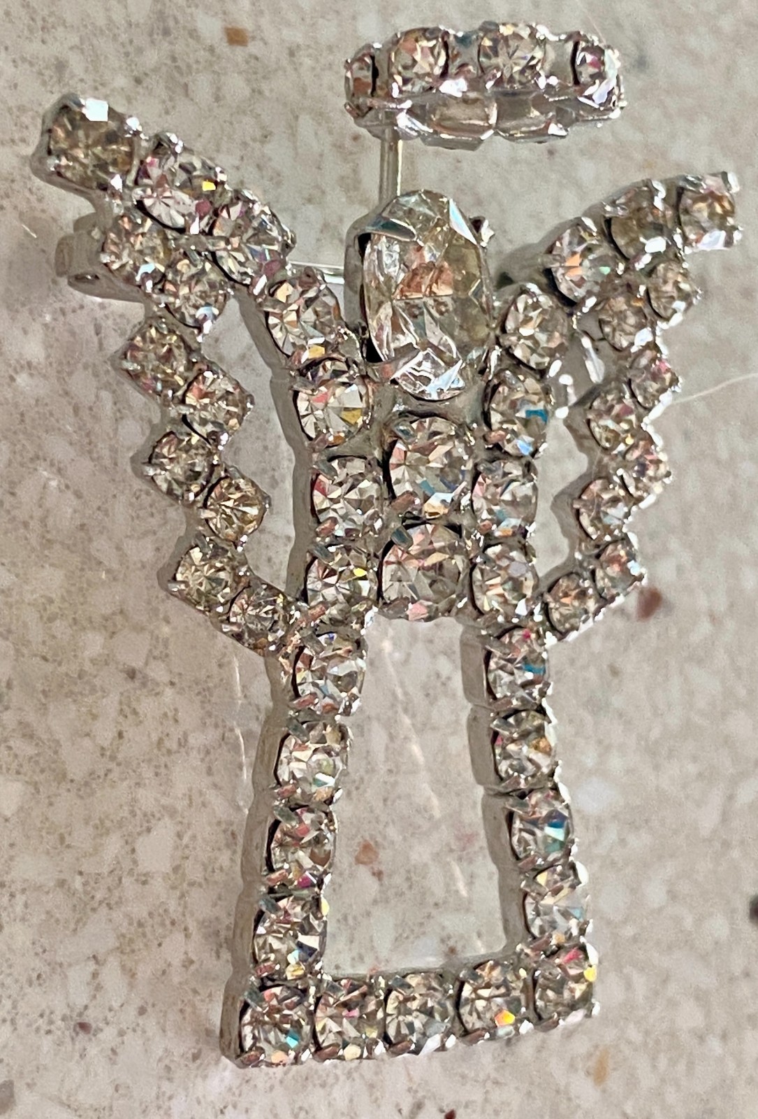 Vintage Rhinestone Guardian Angel Halo Brooch Prong Set Silver Tone 1.5″ Pin