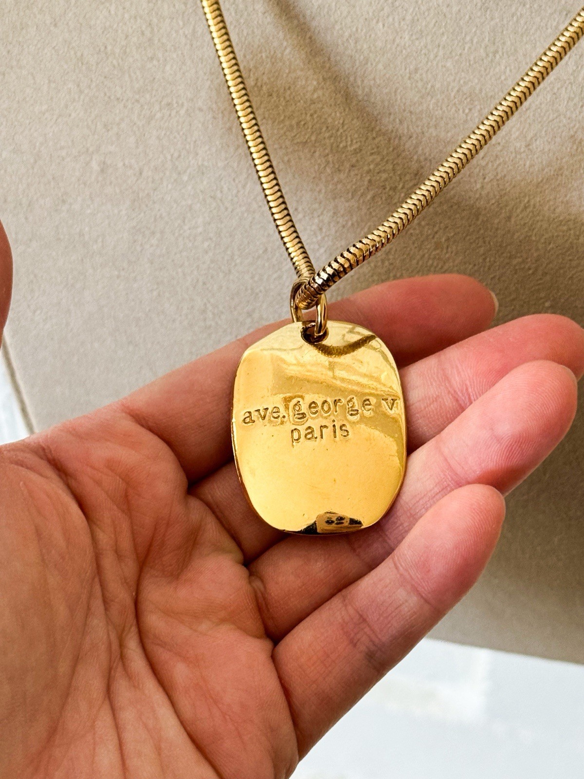 Vintage Givenchy Ave George V Paris Gold Tone Square Logo Pendant Necklace
