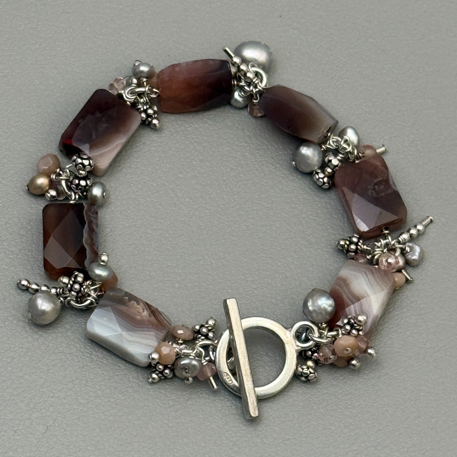 Artisan 925 Sterling Silver Banded Agate Pearl Bracelet Toggle Clasp 7″ Vintage