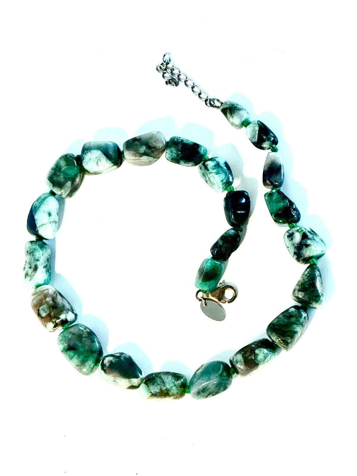 Vintage Chinese Natural Green Jade Beaded Necklace: Tumble Stone Strand 15”