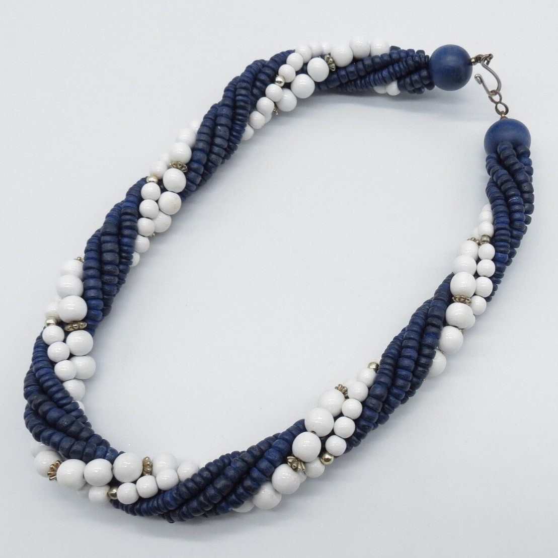 Blue White Bead Torsade Statement Necklace Boho Ethnic 19″
