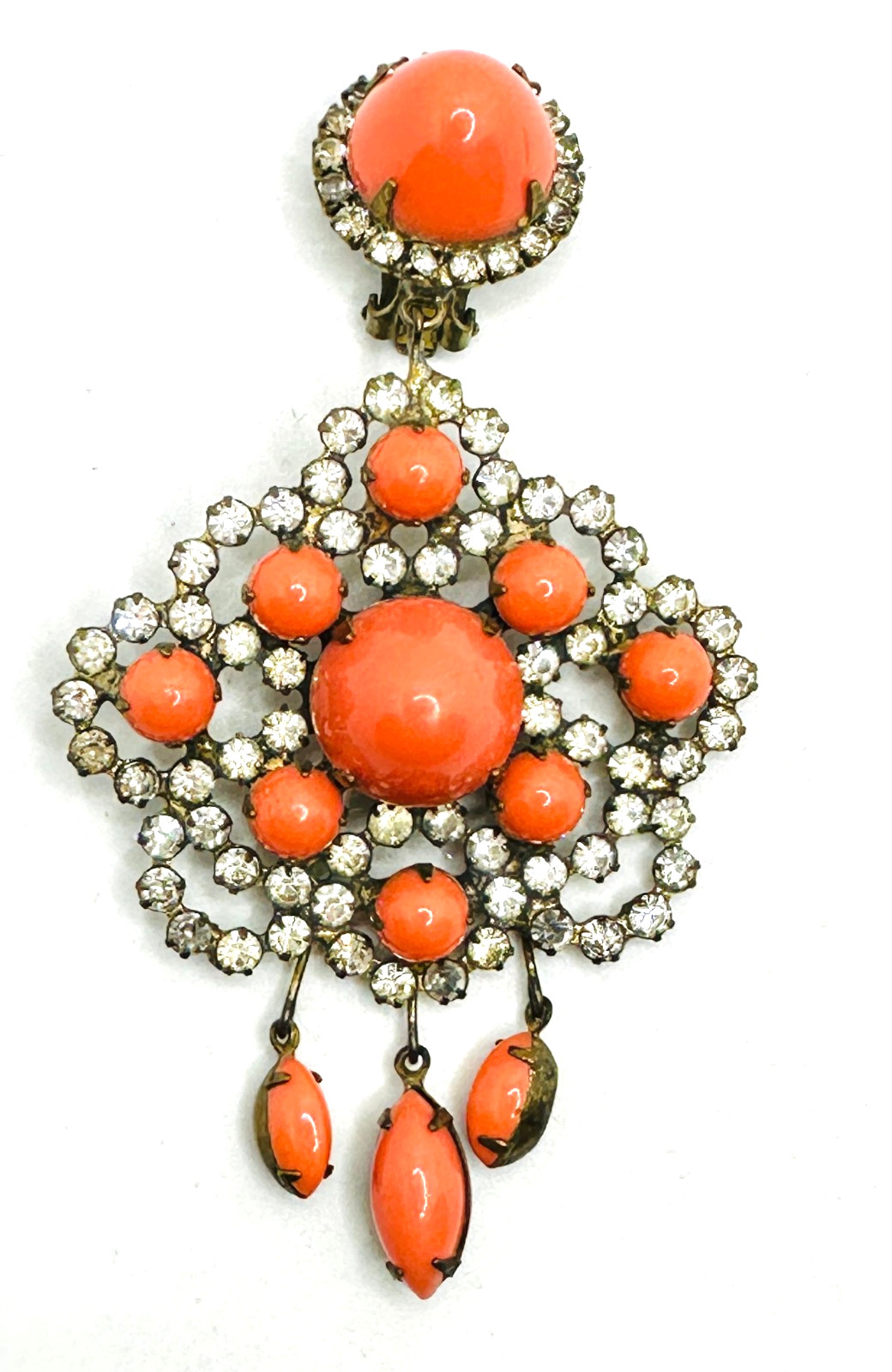 RARE Signed 1960’s KJL Faux Coral & Rhinestone Clip-on Dangle SINGLE Earring