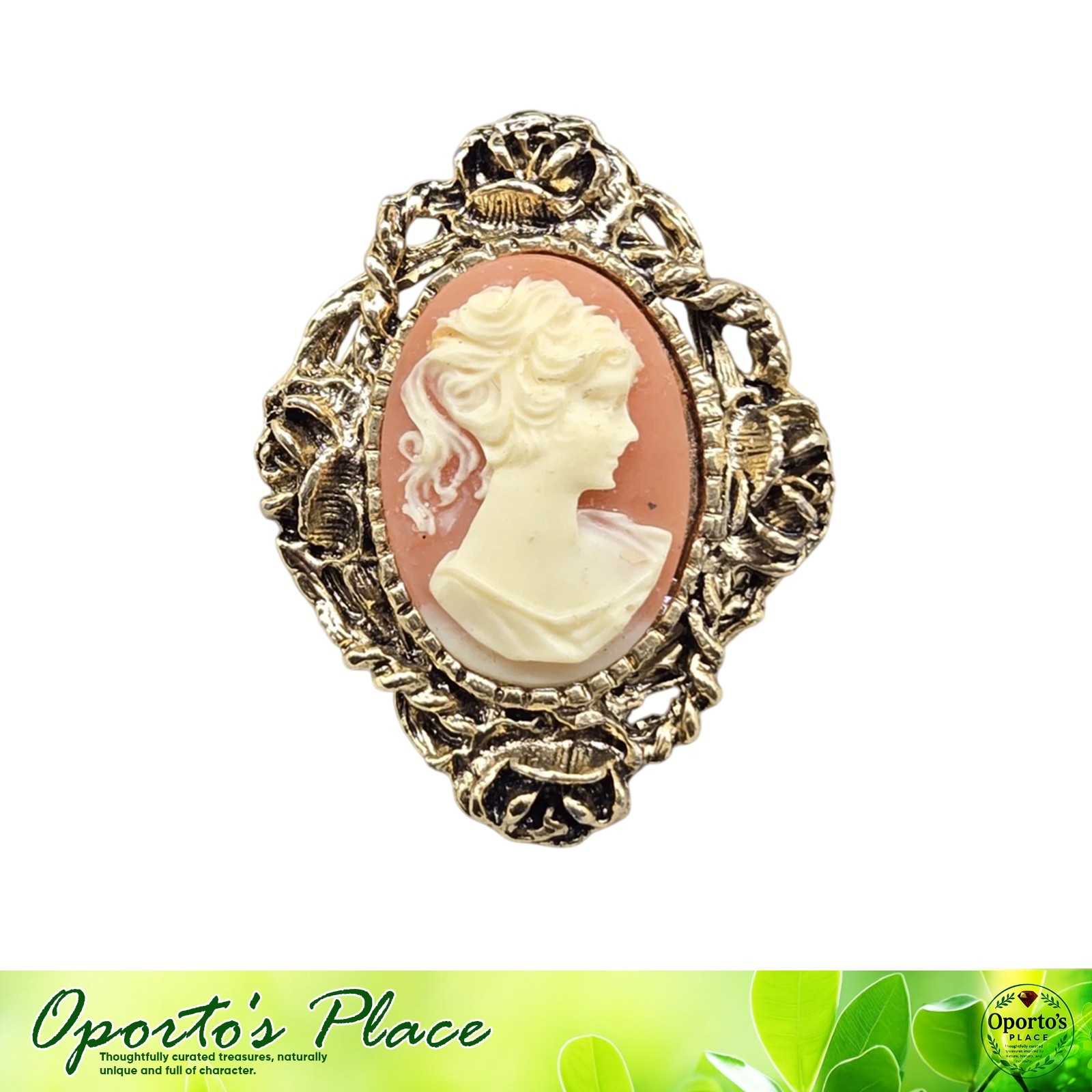 Vintage Brooch Pendant Faux Cameo Goldtone Metal Resin Floral Edge Wavy Hair