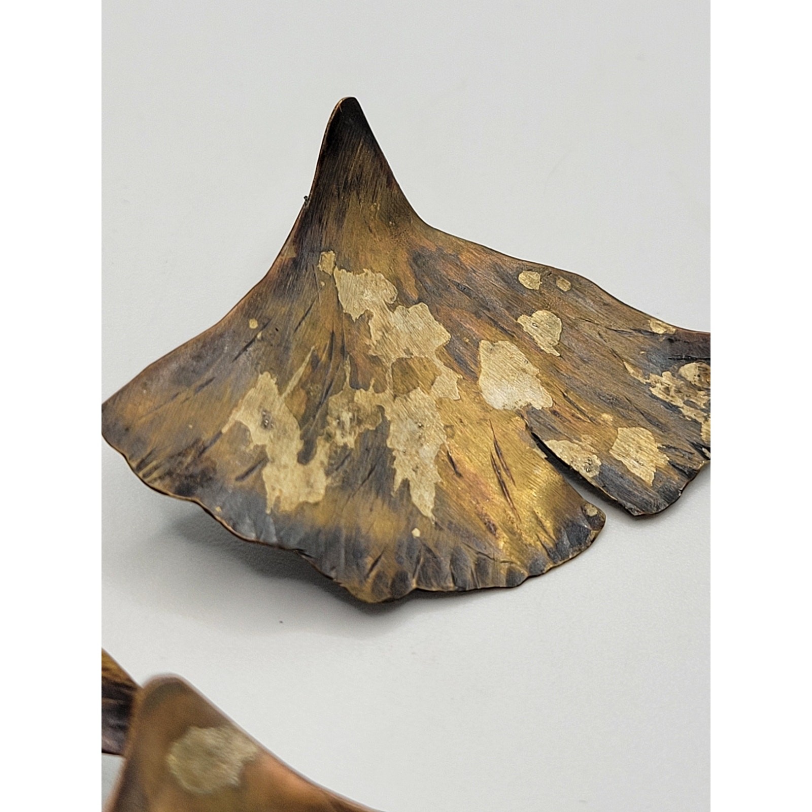 Brutalist Ginkgo Leaf Brooch Earrings Set Artisan Handmade Patina Huge Leaves
