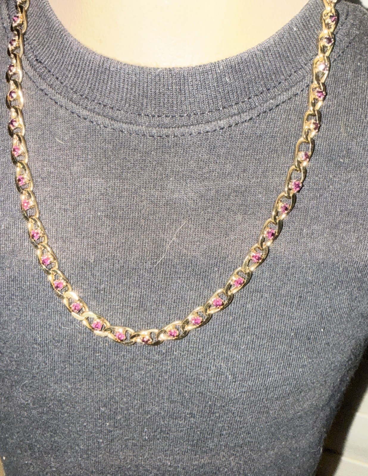 Vintage Givenchy Cuban Link Necklace Inlaid W/ A Dark Purple Stone Between Links