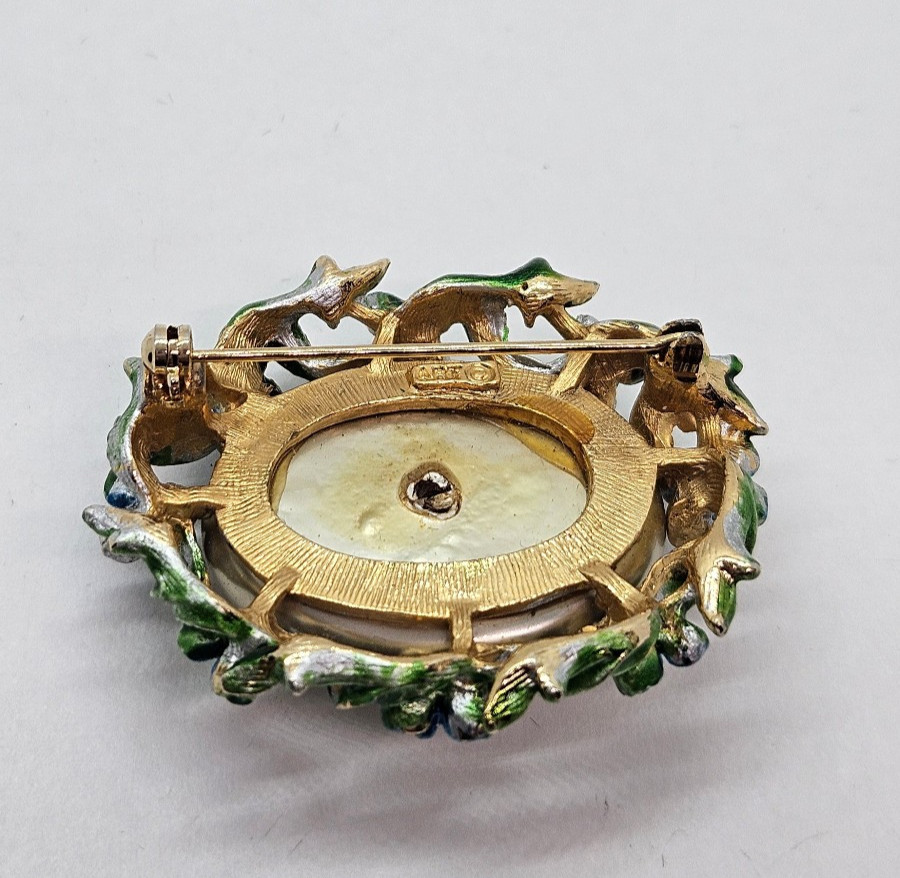 Vintage Signed ART Arthur Pepper Faux Pearl Enamel Blue Green Flowers