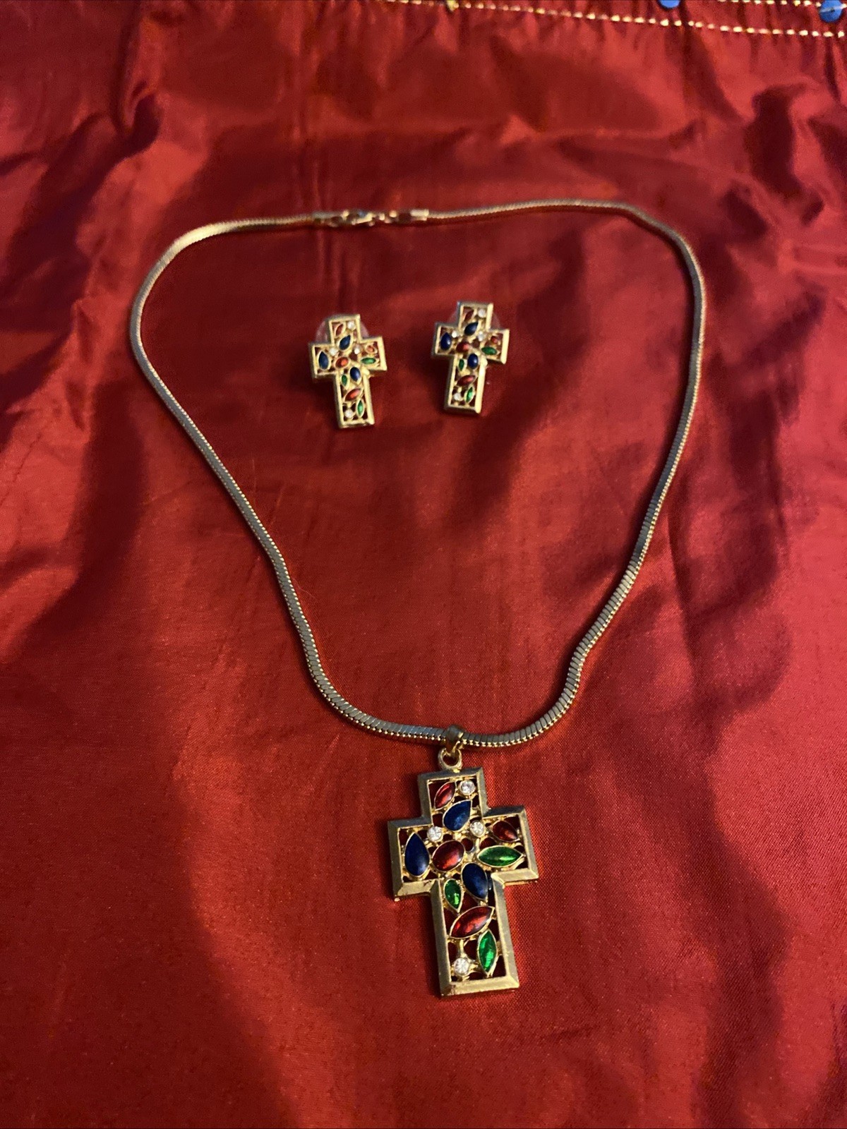 Vintage Multicolor Enamel Rhinestone Abstract Design Cross Necklace & Earrings