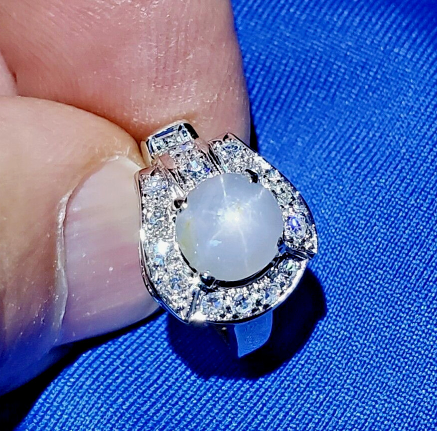 EARTH MINED STAR SAPPHIRE DIAMOND ART Deco Engagement Ring SOLID 14K WHITE GOLD