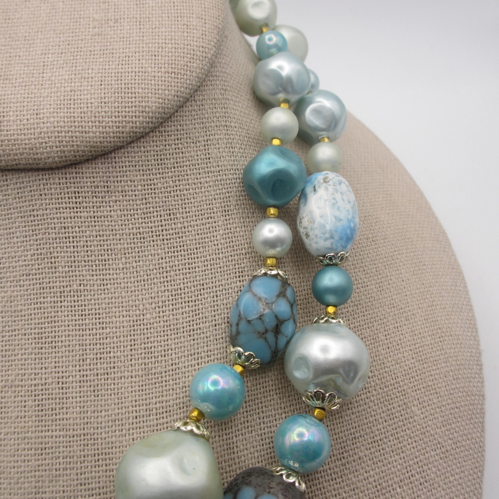 Vintage Beaded Necklace Blue Layered Japan 16 inch