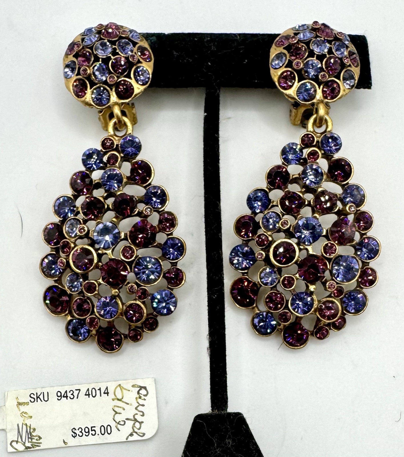 Vintage Oscar de La Renta Gold-Tone With Blue & Purple Crystal Drop Earrings