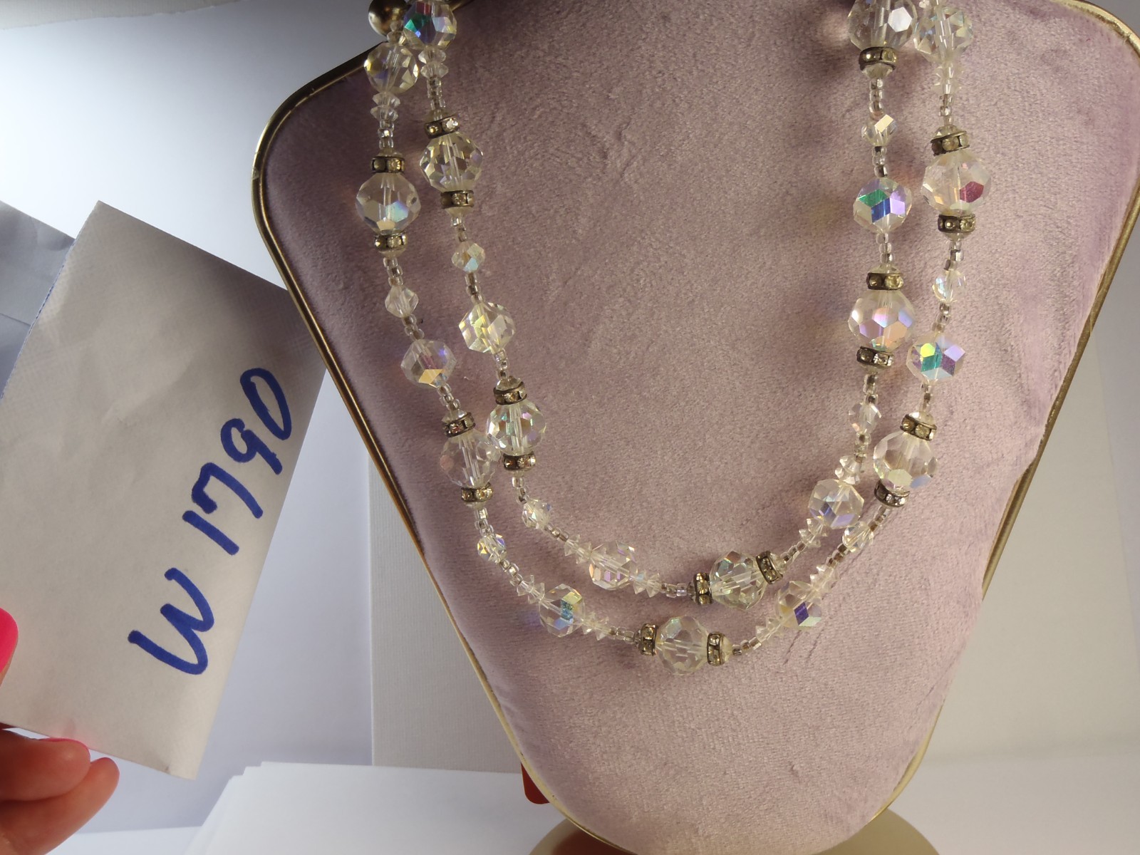 1950s Vendome Aurora Borealis AB Crystal Bead Double Strand Necklace 20in