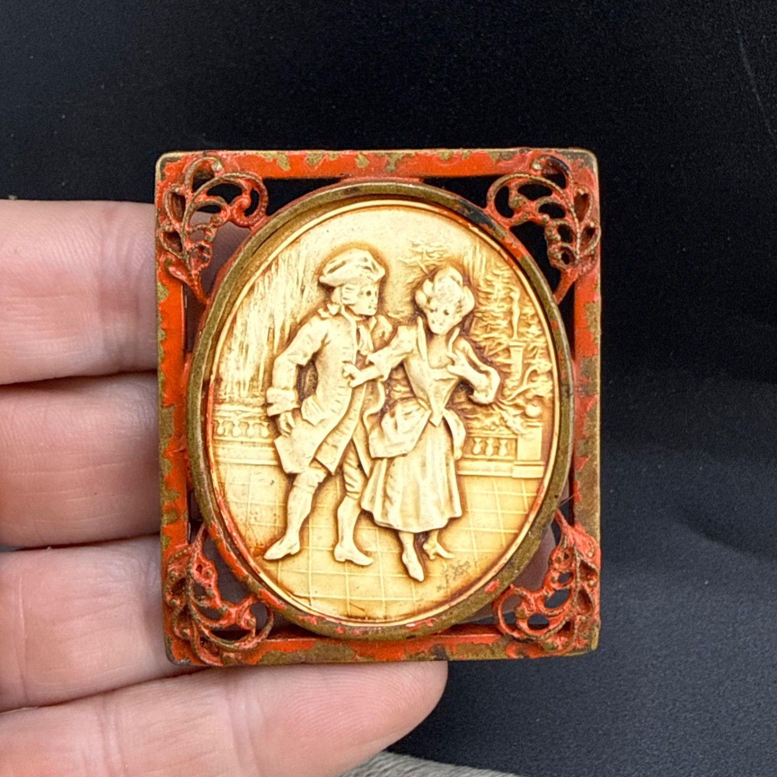 Vintage Colonial Courting Couple Brooch Red Enamel Metal Celluloid