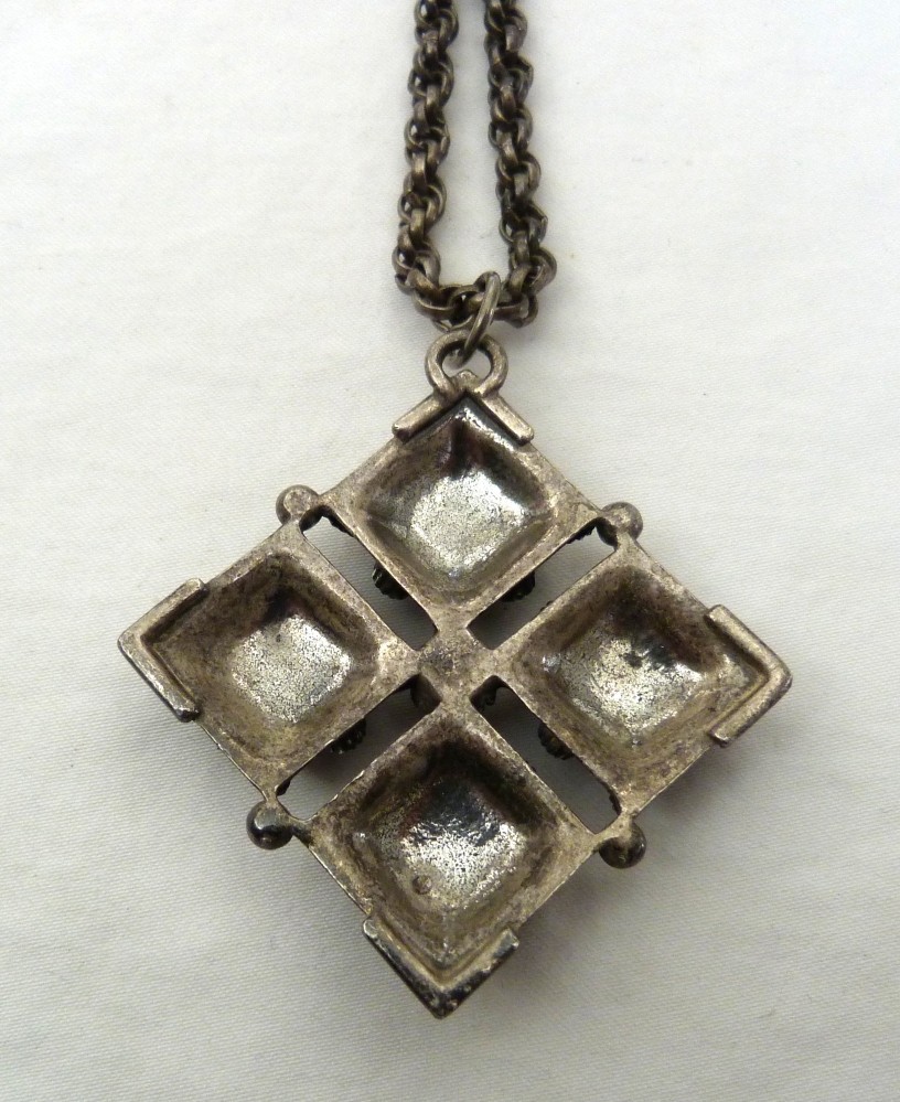 VINTAGE GERMANY LARGE GREEN CABOCHONS ORNATE CROSS PENDANT THICK CHAIN NECKLACE