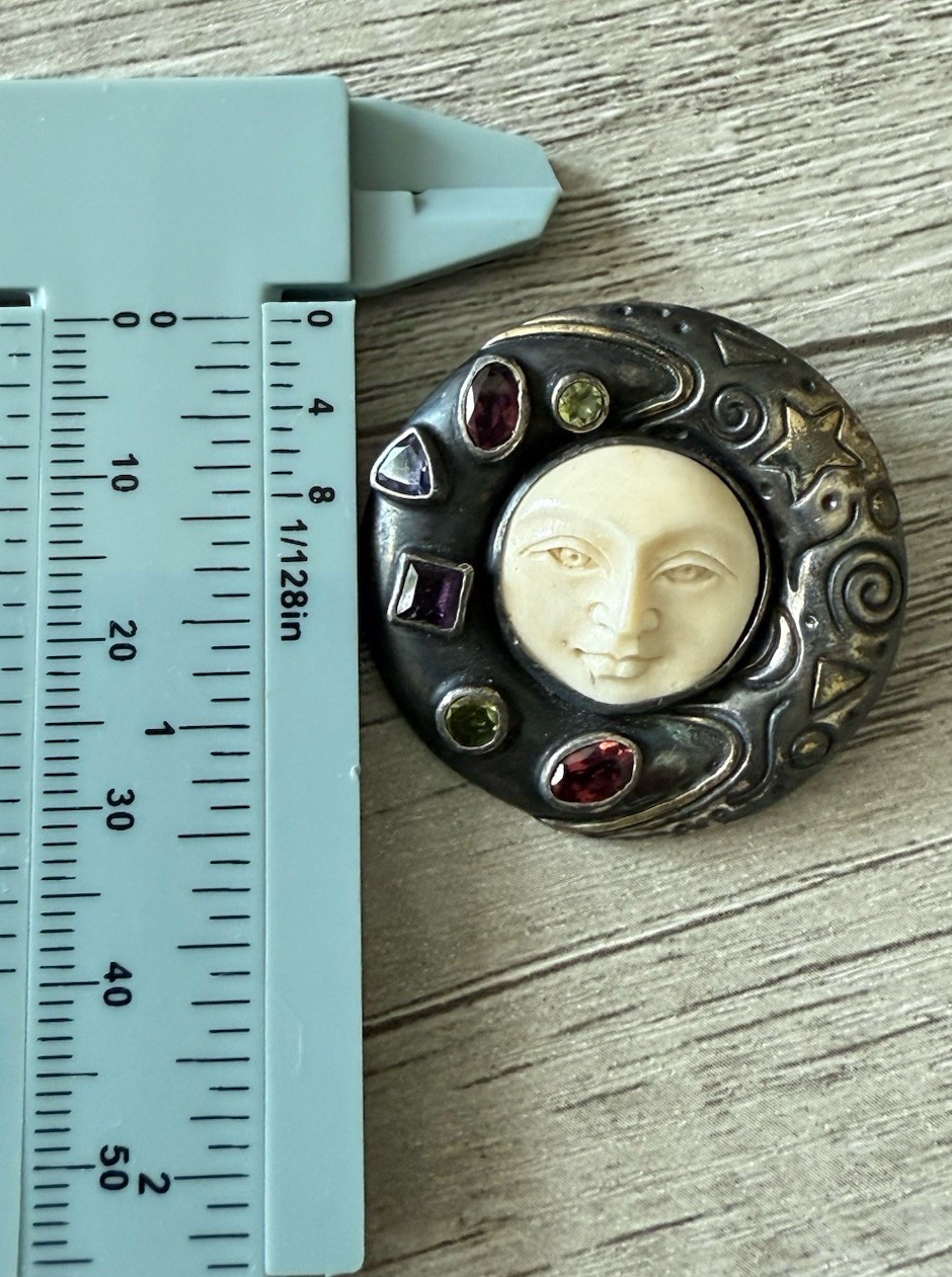 MYSTIC MOON FACE Sterling Silver Amethyst Topaz Carved Goddess Pendant Brooch