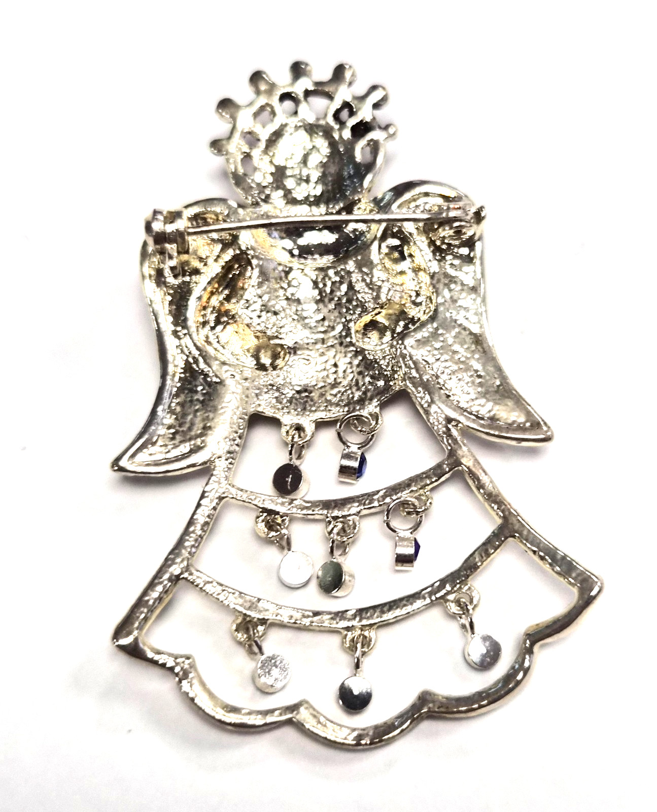 Estate Christmas Holiday Angel With Wings Blue Rhinestone Dangles Pin / Brooch