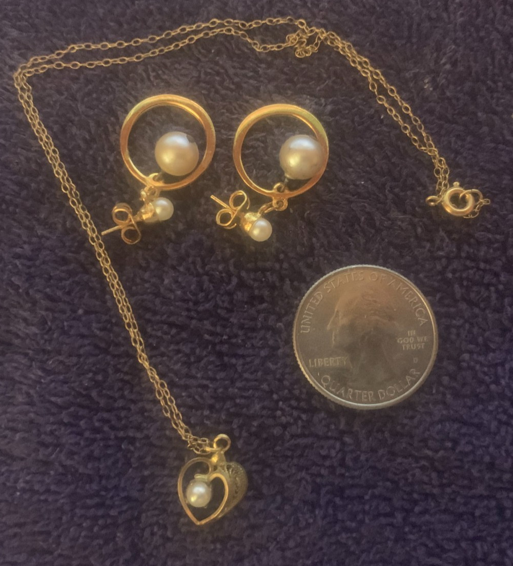 Vintage 1960s Retro Faux Pearl Heart Necklace & Small Circle Earrings Set