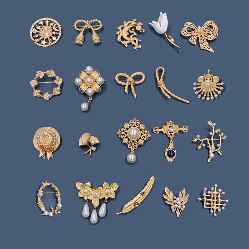 Vintage Gold Pearl Baroque Star Moon Ginkgo Brooch Pin Woman Party Accessories