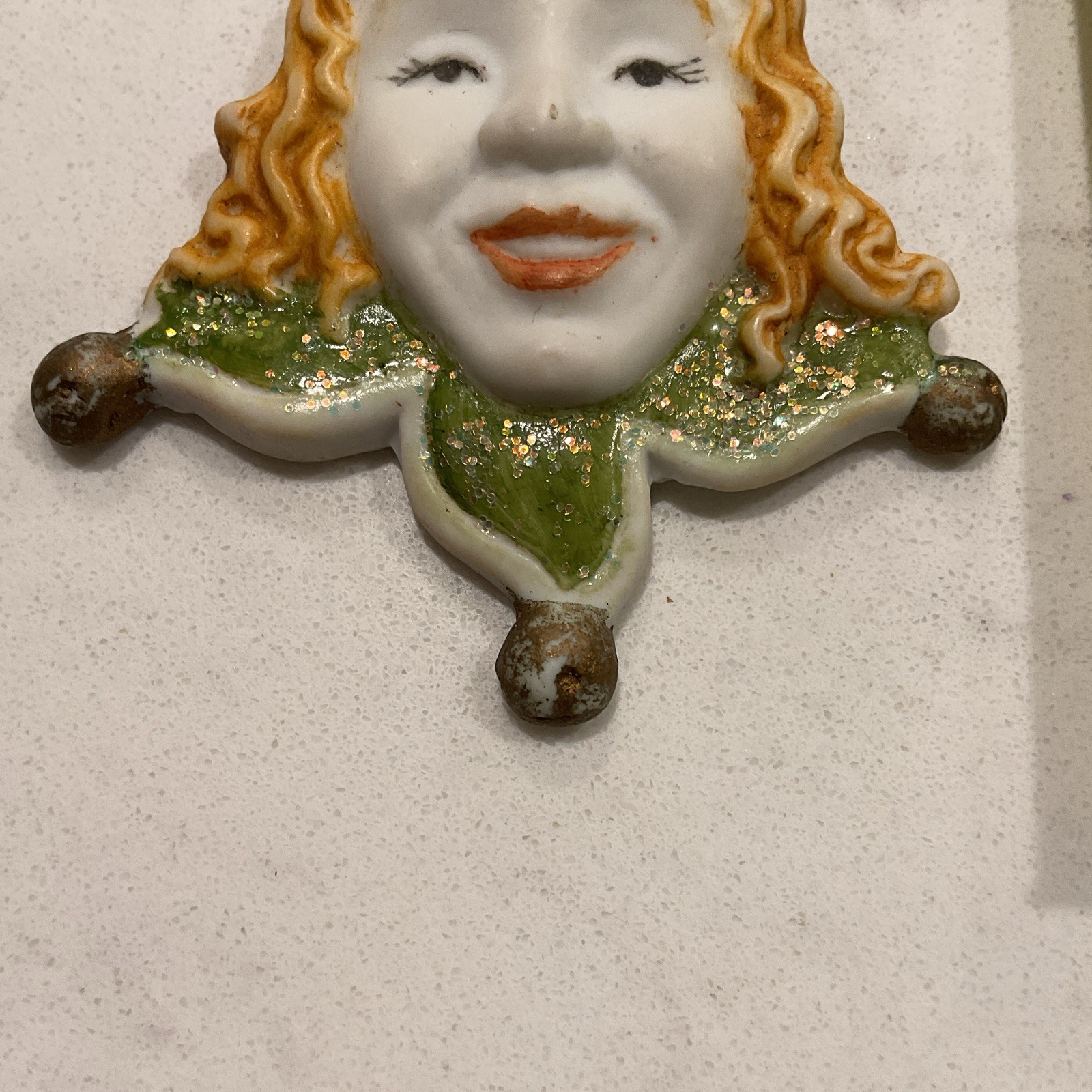 Signed 1989 Jester Ceramic Brooch Pin w/ Multicolor Rhinestones 3 in