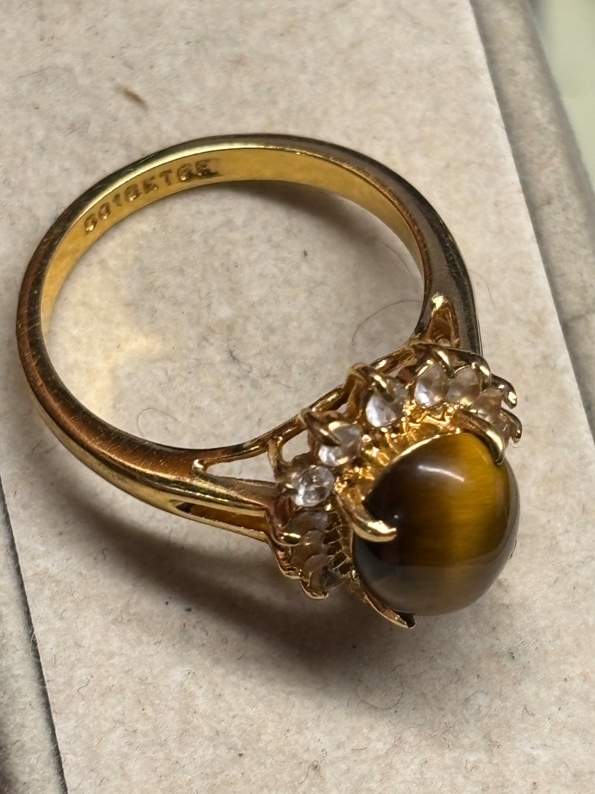 Size 7 TIGERS EYE oval Clear Rhinestone COCKTAIL RING DO 18Kt GE gold plate