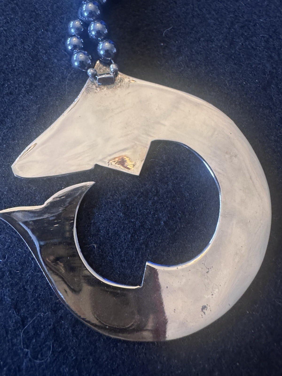 Vintage Fish Pendant Necklace Silver Tone Abstract Jewelry Hematite Modernist