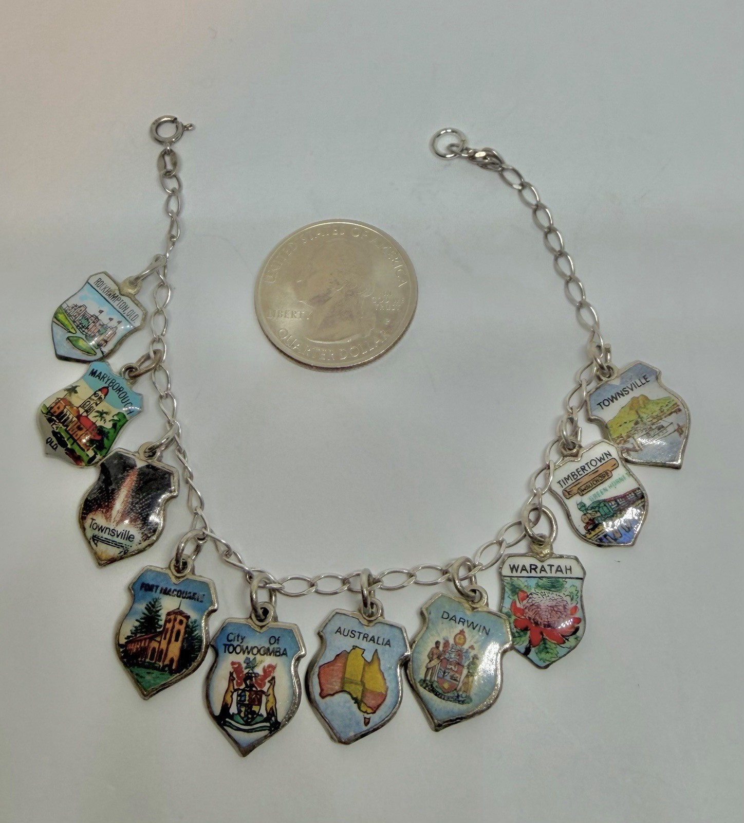 Vintage 10 Australia Tourist Historical Sites Shield Charms 925 Bracelet 7 3/4”